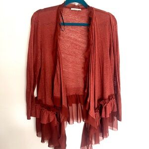 Ruffled Open-Front Cardigan in Rust
